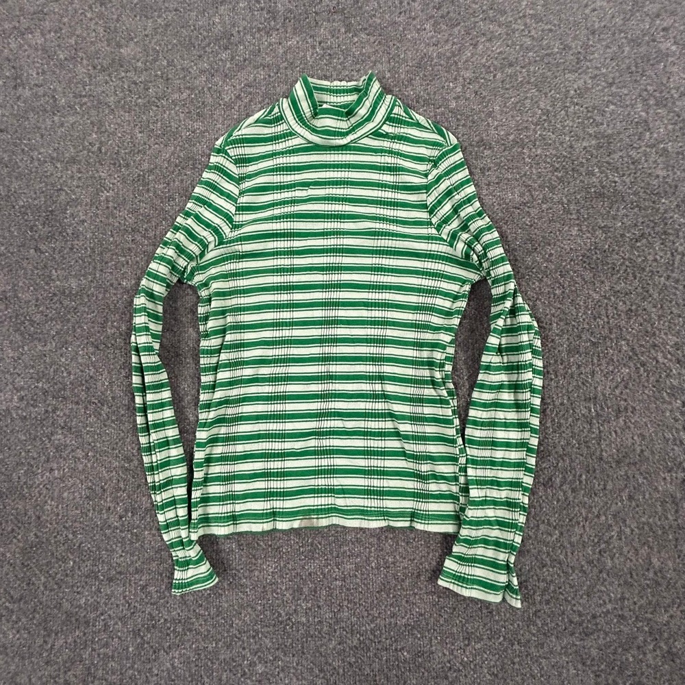 PINK Victoria's Secret Turtleneck Womens XL Green White Striped Ribbed Knit Top